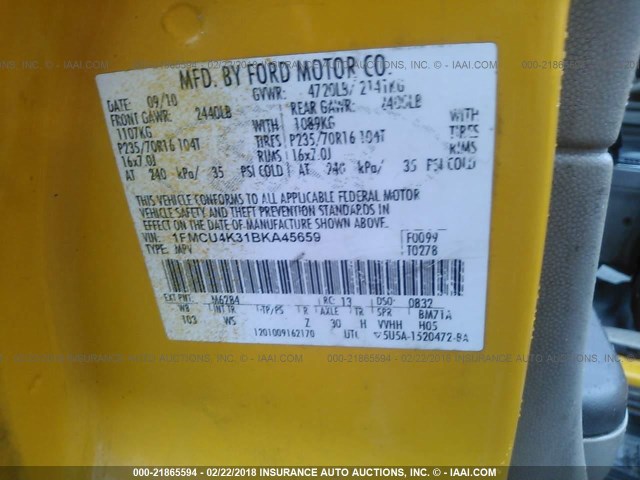 1FMCU4K31BKA45659 - 2011 FORD ESCAPE HYBRID YELLOW photo 9