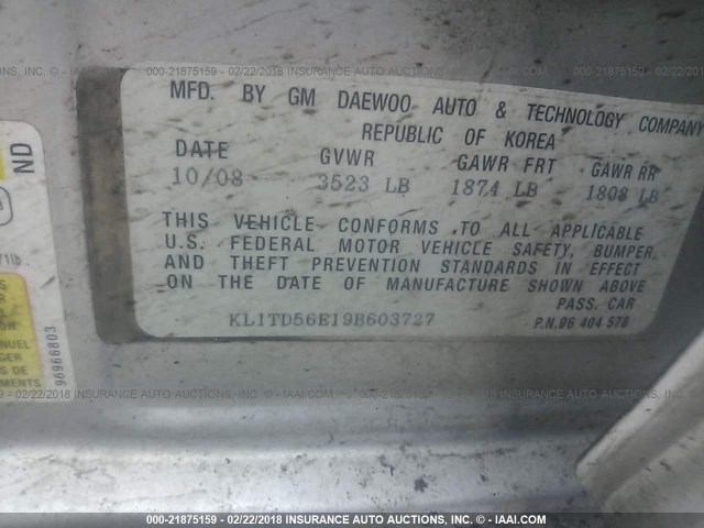 KL1TD56E19B603727 - 2009 CHEVROLET AVEO LS/LT SILVER photo 9