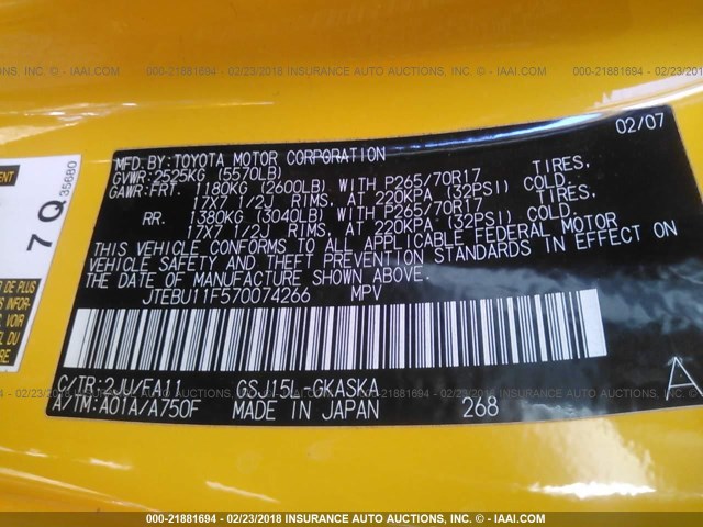 JTEBU11F570074266 - 2007 TOYOTA FJ CRUISER YELLOW photo 9