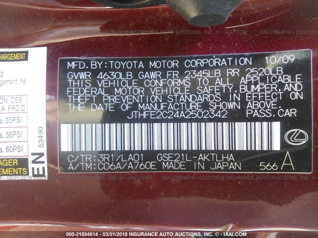 JTHFE2C24A2502342 - 2010 LEXUS IS 350 RED photo 9