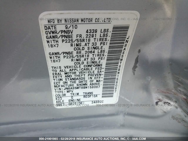 JN8AS5MT8BW158087 - 2011 NISSAN ROGUE S/SV/KROM SILVER photo 9