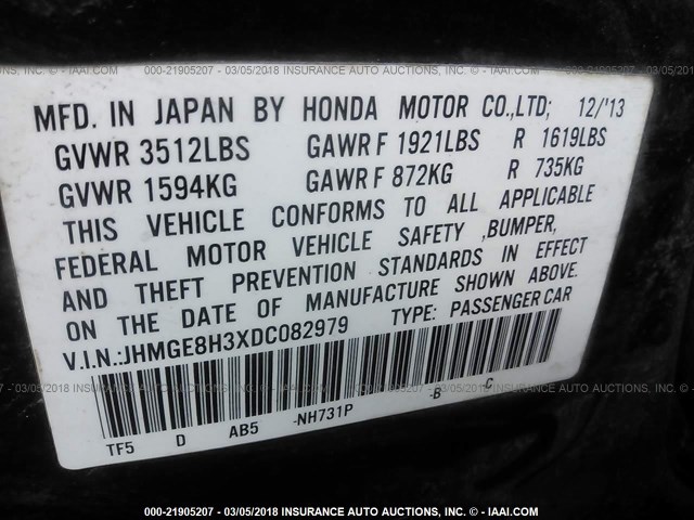 JHMGE8H3XDC082979 - 2013 HONDA FIT BLACK photo 9