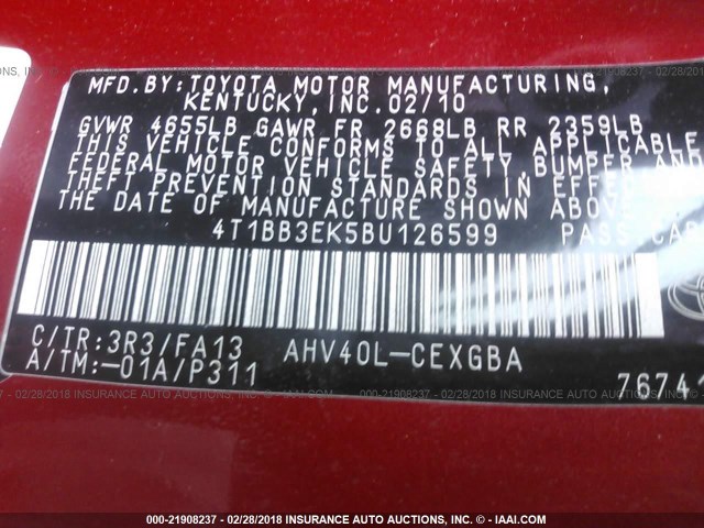 4T1BB3EK5BU126599 - 2011 TOYOTA CAMRY HYBRID RED photo 9