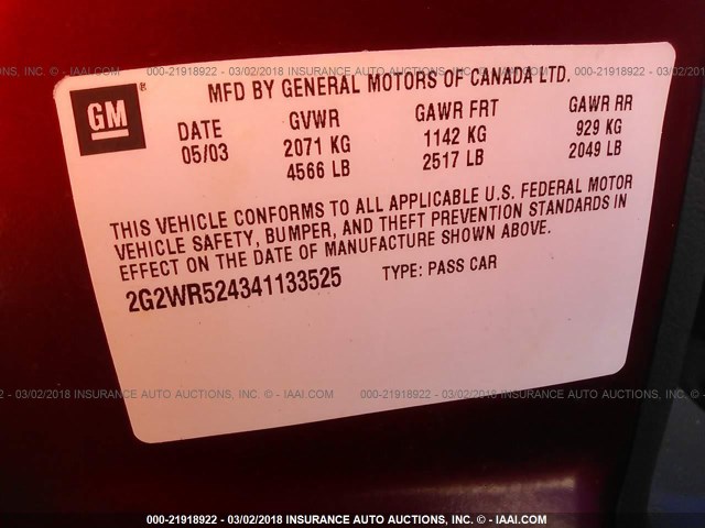 2G2WR524341133525 - 2004 PONTIAC GRAND PRIX GTP წითელი ფოტო 9