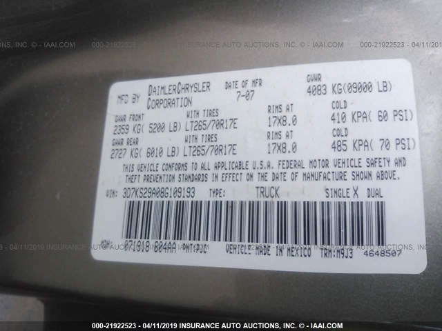 3D7KS29A08G109193 - 2008 DODGE RAM 2500 TAN photo 9