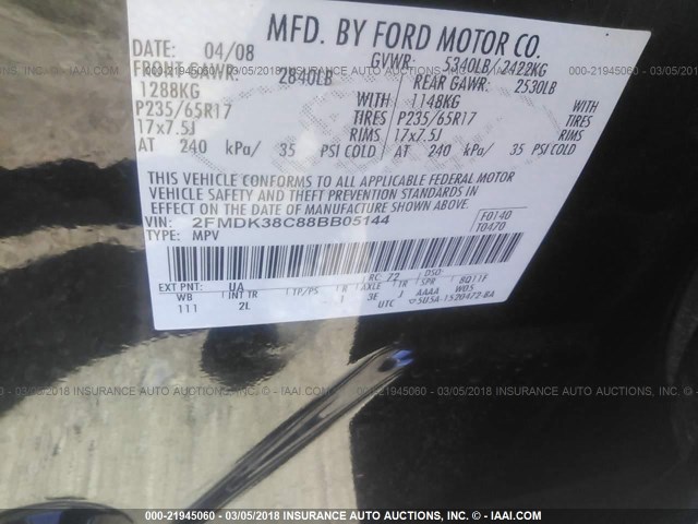 2FMDK38C88BB05144 - 2008 FORD EDGE SEL BLACK photo 9