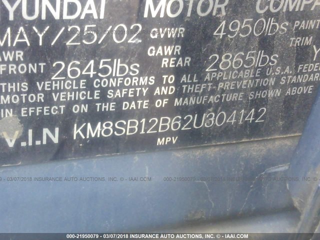 KM8SB12B62U304142 - 2002 HYUNDAI SANTA FE GL BLUE photo 9