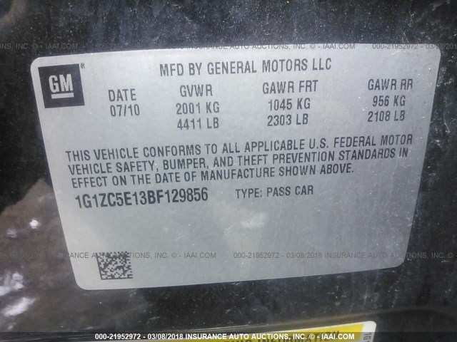 1G1ZC5E13BF129856 - 2011 CHEVROLET MALIBU 1LT BLACK photo 9