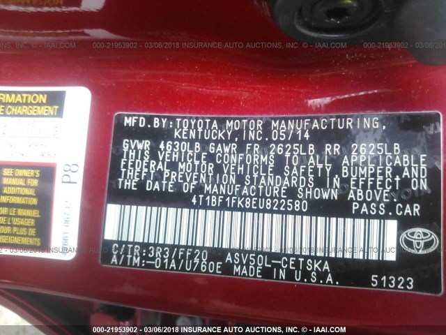4T1BF1FK8EU822580 - 2014 TOYOTA CAMRY L/SE/LE/XLE Qırmızı foto 9