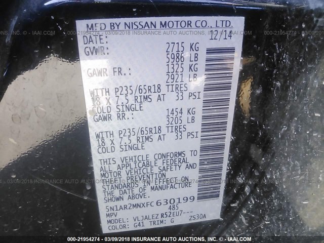 5N1AR2MNXFC630199 - 2015 NISSAN PATHFINDER S/SV/SL/PLATINUM BLACK photo 9