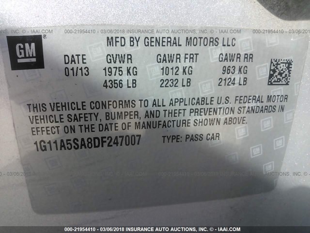 1G11A5SA8DF247007 - 2013 CHEVROLET MALIBU LS SILVER photo 9