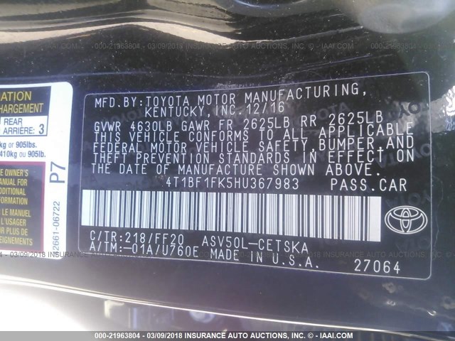 4T1BF1FK5HU367983 - 2017 TOYOTA CAMRY LE/XLE/SE/XSE BLACK photo 9