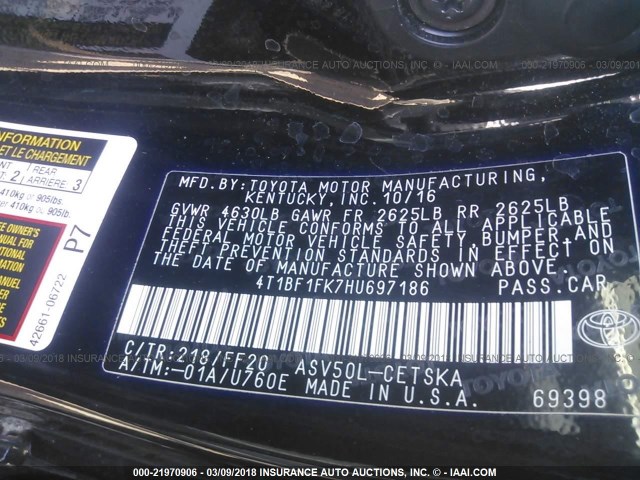 4T1BF1FK7HU697186 - 2017 TOYOTA CAMRY LE/XLE/SE/XSE BLACK photo 9