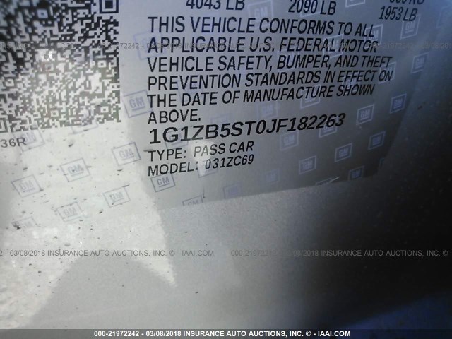 1G1ZB5ST0JF182263 - 2018 CHEVROLET MALIBU LS 银色 照片 9