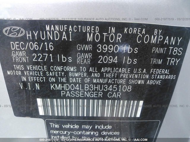 KMHD04LB3HU345108 - 2017 HYUNDAI ELANTRA SPORT SILVER photo 9