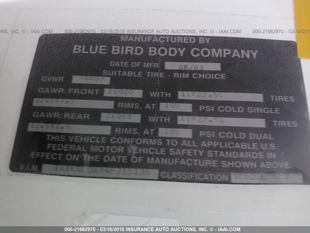 1BAKGC0A84F215136 - 2004 BLUE BIRD SCHOOL BUS / TRANSIT BUS  YELLOW photo 9