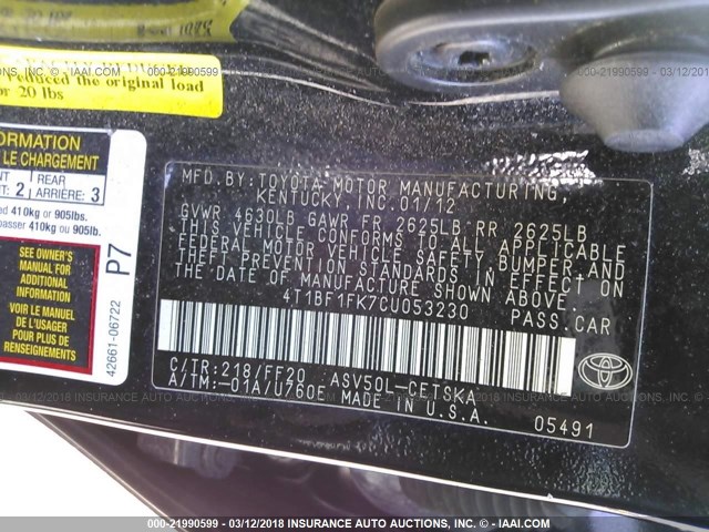 4T1BF1FK7CU053230 - 2012 TOYOTA CAMRY SE/LE/XLE 黑色 照片 9