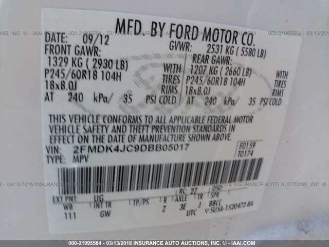 2FMDK4JC9DBB05017 - 2013 FORD EDGE SEL WHITE photo 9