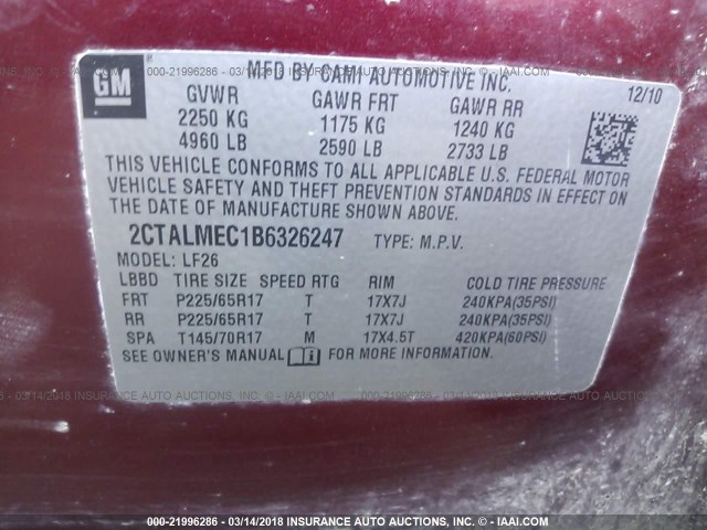 2CTALMEC1B6326247 - 2011 GMC TERRAIN SLE RED photo 9