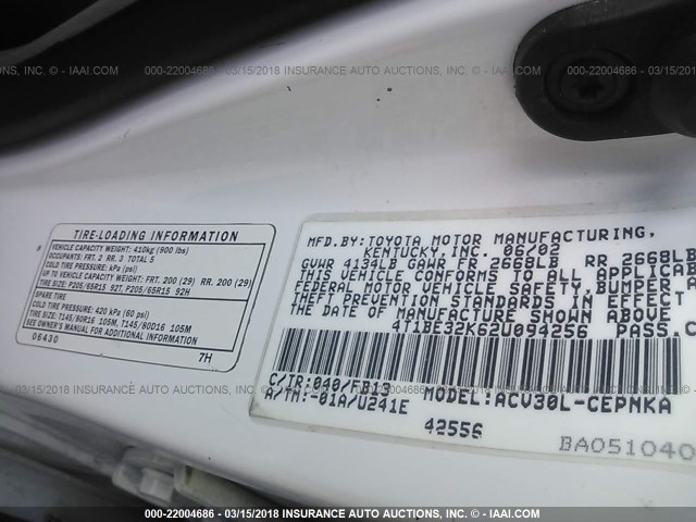 4T1BE32K62U094256 - 2002 TOYOTA CAMRY LE/XLE/SE WHITE photo 9