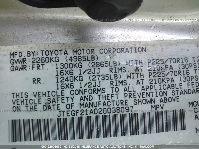 JTEGF21A020038097 - 2002 TOYOTA HIGHLANDER LIMITED GOLD photo 9