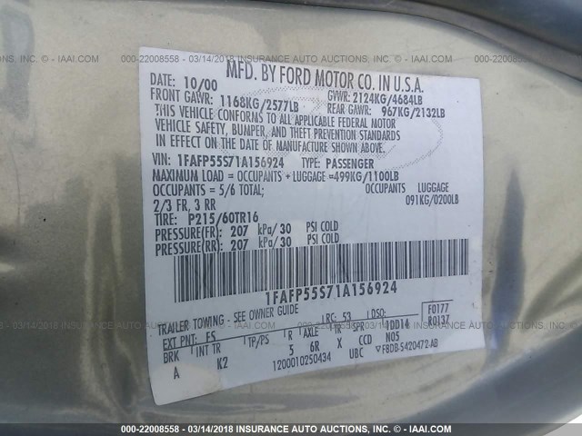 1FAFP55S71A156924 - 2001 FORD TAURUS SES SILVER photo 9
