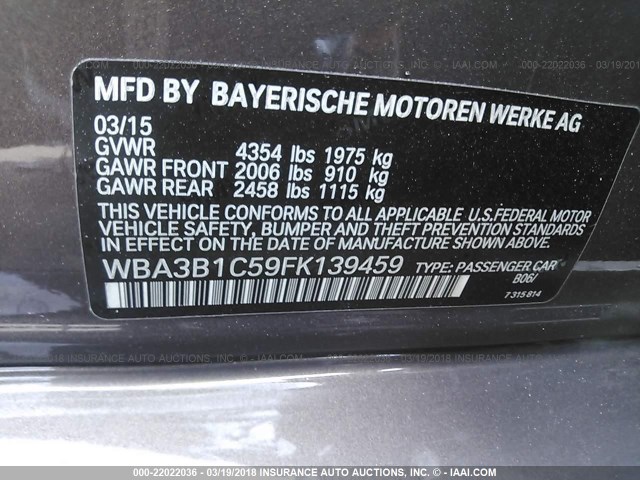 WBA3B1C59FK139459 - 2015 BMW 320 I BROWN photo 9