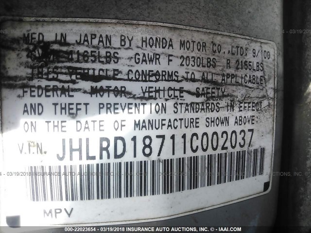 JHLRD18711C002037 - 2001 HONDA CR-V SE/LE GRAY photo 9