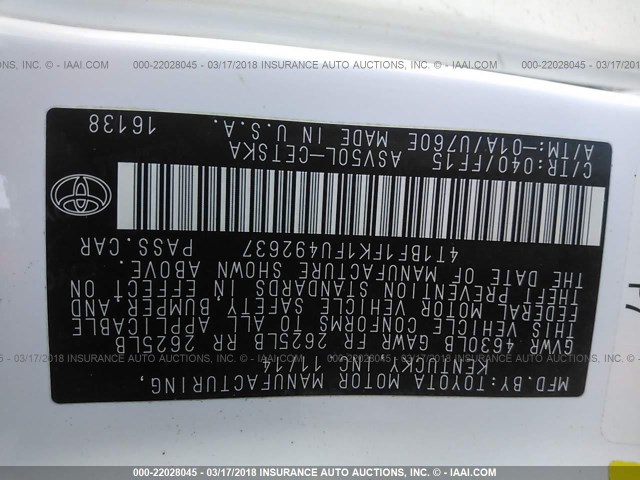 4T1BF1FK1FU492637 - 2015 TOYOTA CAMRY LE/XLE/SE/XSE WHITE photo 9