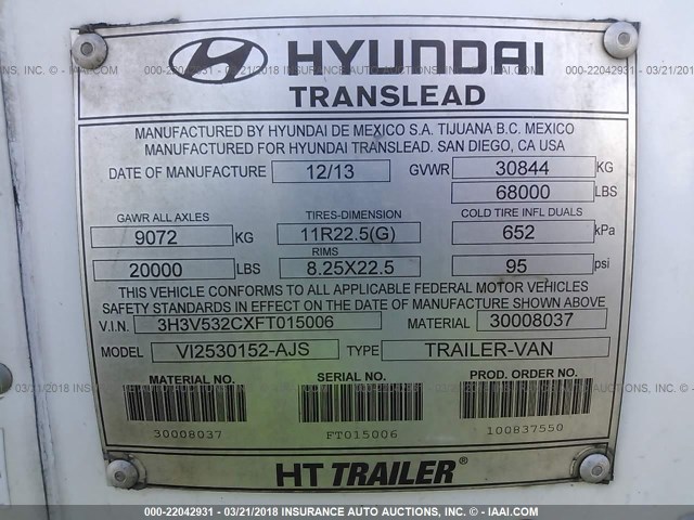 3H3V532CXFT015006 - 2015 HYUNDAI STEEL INDUSTRIES VAN  Սպիտակ լուսանկար 9