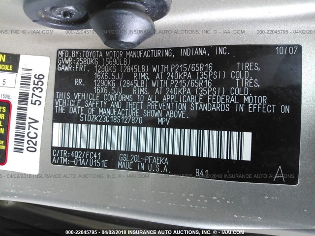 5TDZK23C18S127870 - 2008 TOYOTA SIENNA CE/LE GOLD photo 9