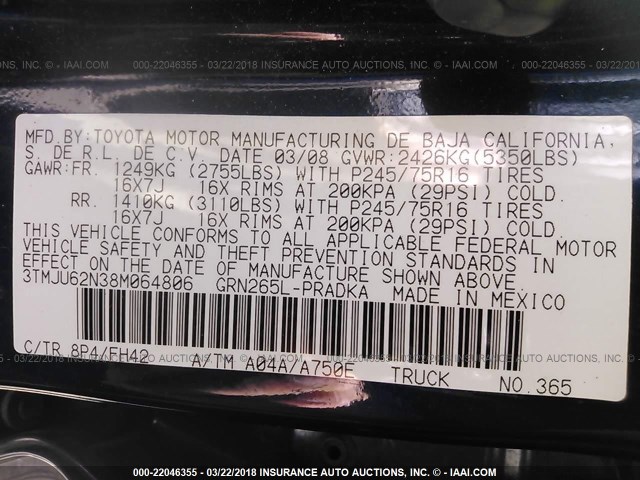 3TMJU62N38M064806 - 2008 TOYOTA TACOMA DOUBLE CAB PRERUNNER BLUE photo 9