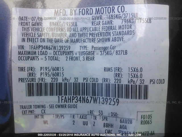 1FAHP34N67W139259 - 2007 FORD FOCUS ZX4/S/SE/SES 灰色 照片 9