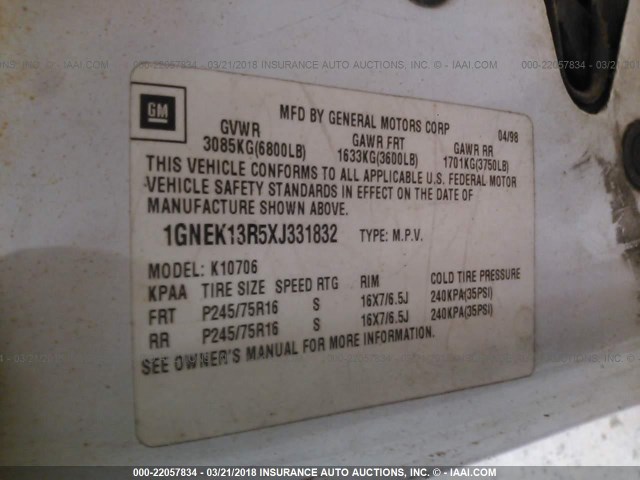 1GNEK13R5XJ331832 - 1999 CHEVROLET TAHOE K1500 WHITE photo 9