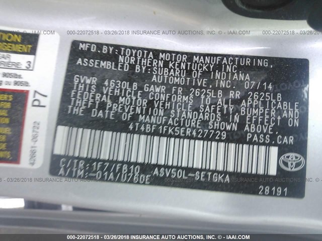 4T4BF1FK5ER427729 - 2014 TOYOTA CAMRY L/SE/LE/XLE 银色 照片 9