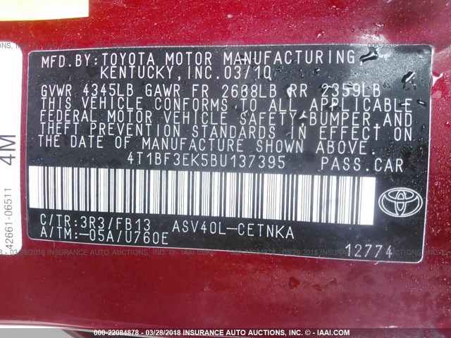 4T1BF3EK5BU137395 - 2011 TOYOTA CAMRY SE/LE/XLE RED photo 9