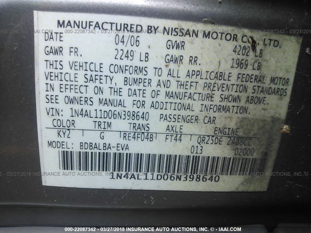 1N4AL11D06N398640 - 2006 NISSAN ALTIMA S/SL GOLD photo 9