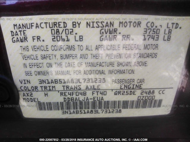 3N1AB51A83L731238 - 2003 NISSAN SENTRA SE-R LIMITED RED photo 9