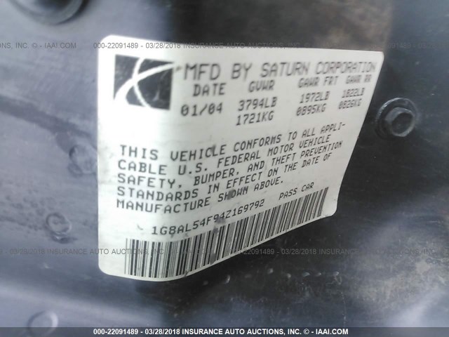 1G8AL54F94Z169792 - 2004 SATURN ION LEVEL 3 SILVER photo 9