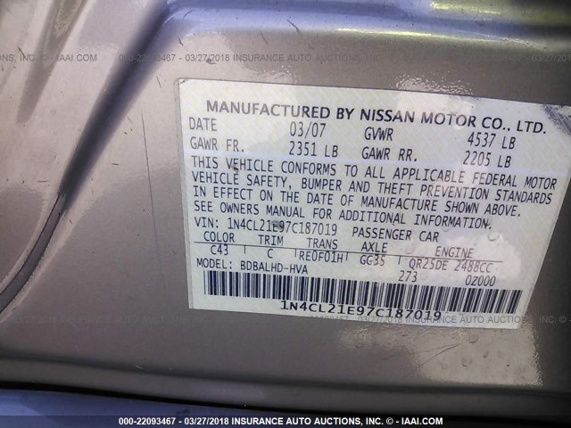 1N4CL21E97C187019 - 2007 NISSAN ALTIMA HYBRID GOLD photo 9