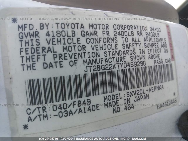 JT2BG22K7Y0489290 - 2000 TOYOTA CAMRY CE/LE/XLE WHITE photo 9