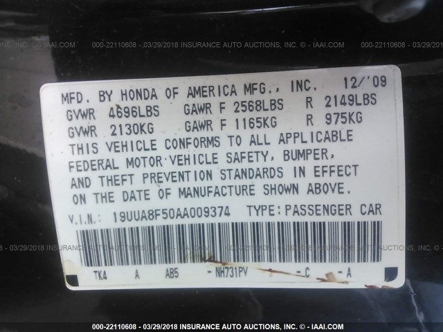 19UUA8F50AA009374 - 2010 ACURA TL BLACK photo 9