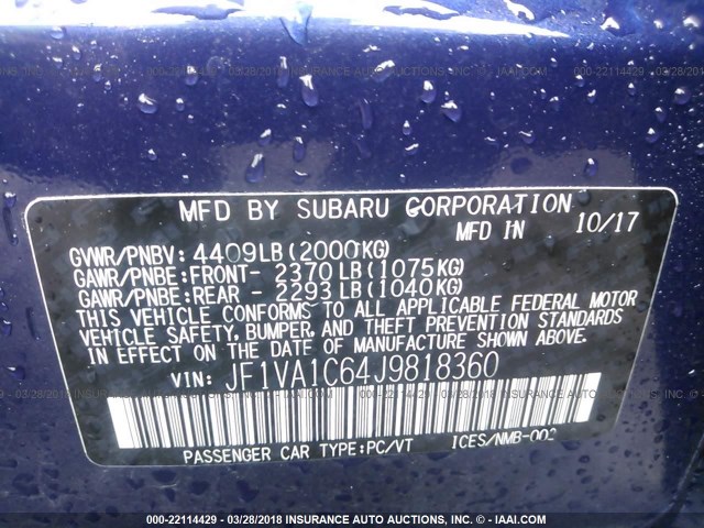 JF1VA1C64J9818360 - 2018 SUBARU WRX PREMIUM BLUE photo 9