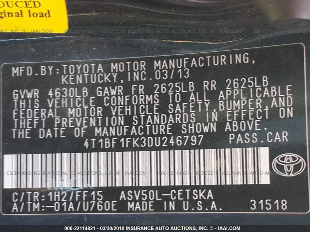 4T1BF1FK3DU246797 - 2013 TOYOTA CAMRY L/SE/LE/XLE Tünd mavi foto 9