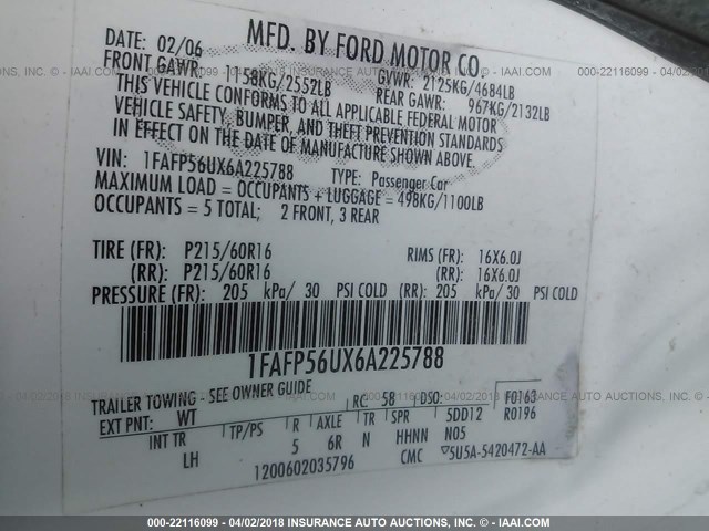 1FAFP56UX6A225788 - 2006 FORD TAURUS SEL WHITE photo 9