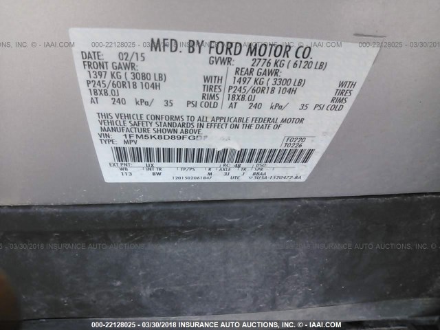 1FM5K8D89FGB88558 - 2015 FORD EXPLORER XLT SILVER photo 9