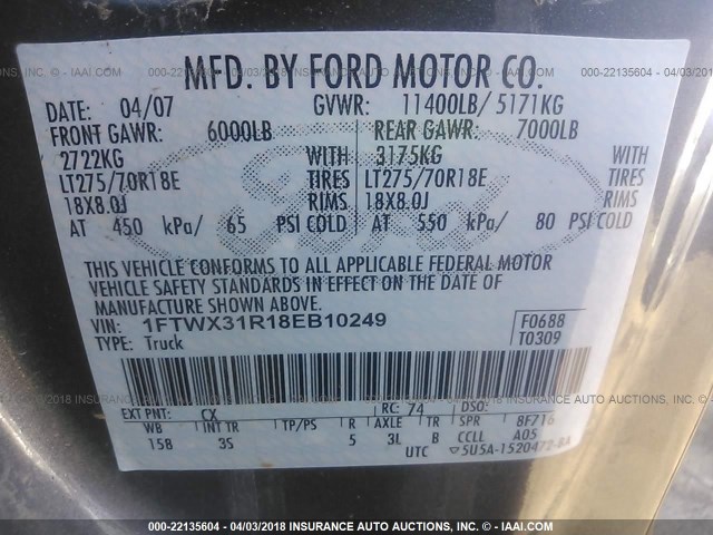 1FTWX31R18EB10249 - 2008 FORD F350 SRW SUPER DUTY GRAY photo 10