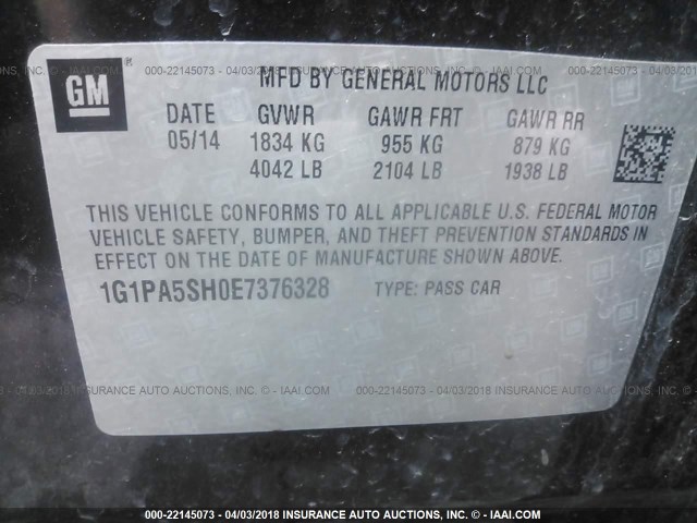 1G1PA5SH0E7376328 - 2014 CHEVROLET CRUZE LS BLACK photo 9