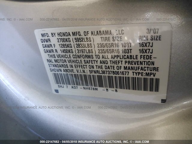 5FNRL38737B061677 - 2007 HONDA ODYSSEY EXL SILVER photo 9