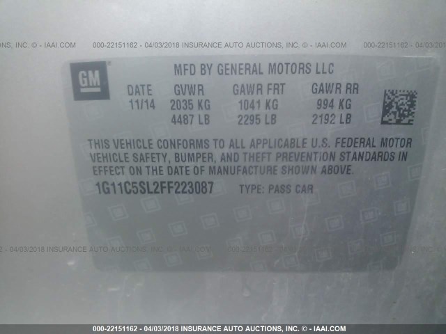 1G11C5SL2FF223087 - 2015 CHEVROLET MALIBU 1LT SILVER photo 9